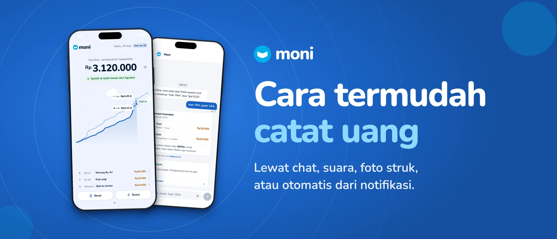 Moni Catatan Keuangan Otomatis product page header