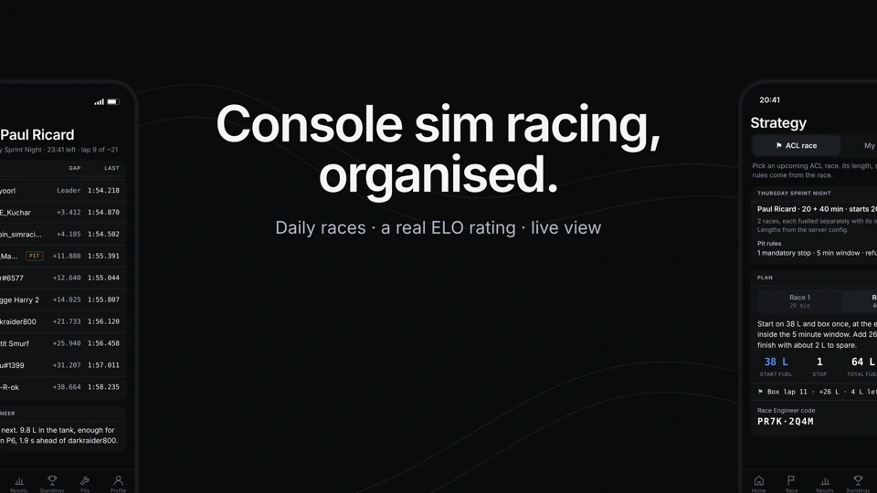 ACL23 Sim Racing, Setups & ELO App Store product page header