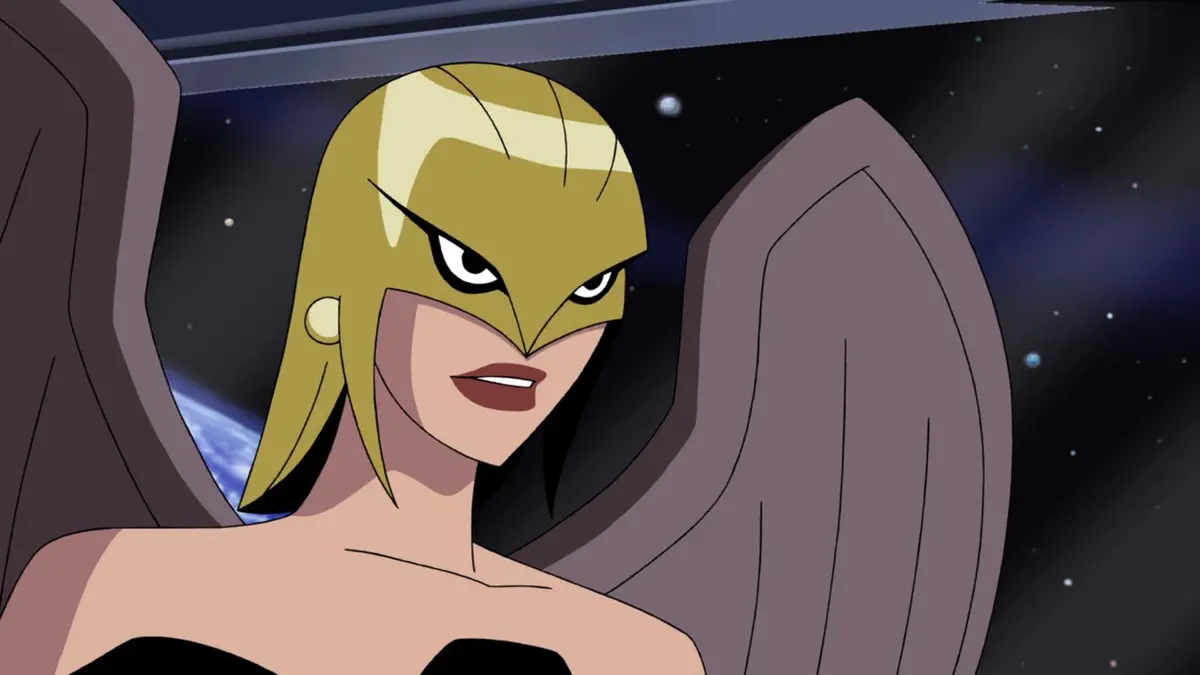 Justice Lord Hawkgirl in her alternate costume in A Better World, Part 1.
