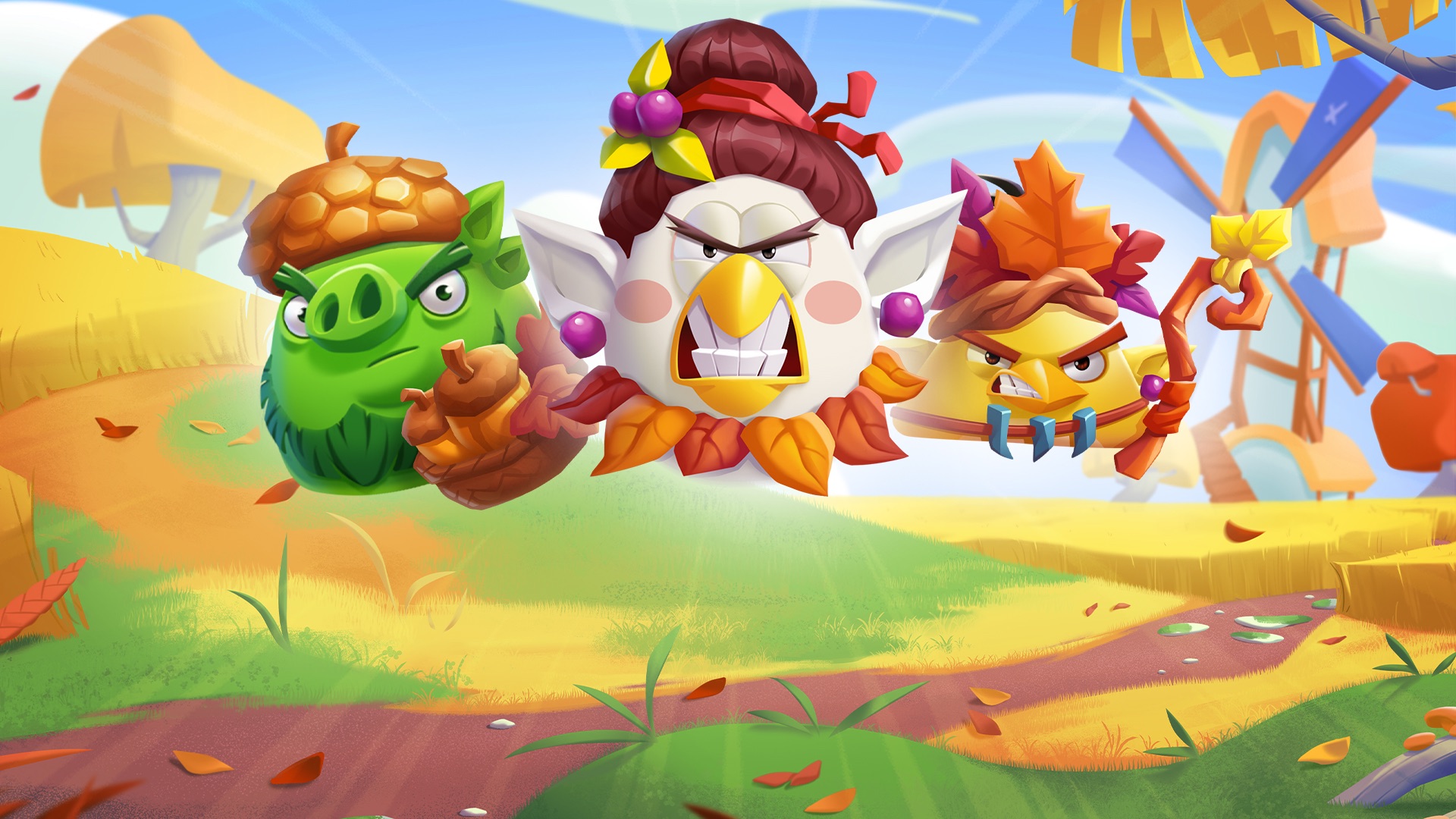 Angry Birds 2 autumn-themed promotional art featuring a pig and two birds in fall costumes