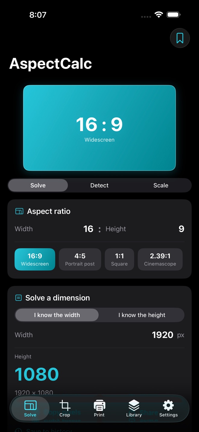 AspectCalc: ratio, recadrage capture d’écran 1