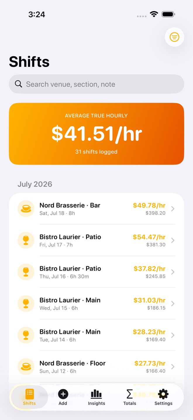 ShiftTally : pourboires capture d’écran 1