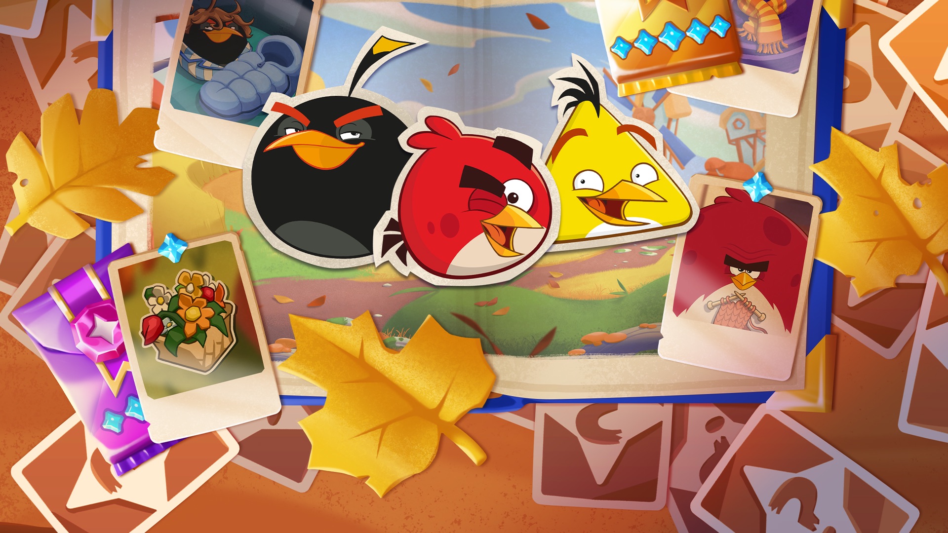 Angry Birds 2 character card collection featuring Bomb, Red and Chuck