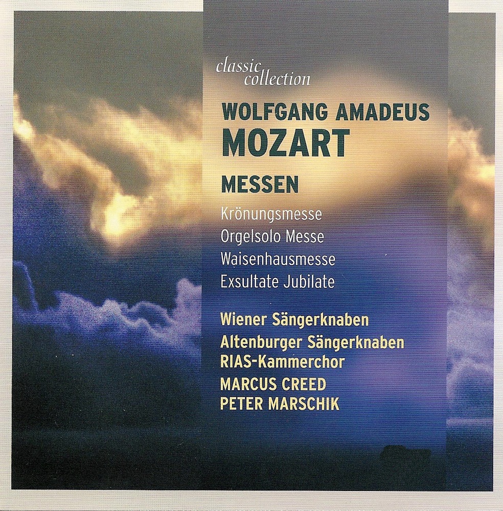 Обложка альбома «Mozart: Mass No. 16, "Coronation Mass"; Missa brevis, "Organ Solo"; Missa solemnis, "Waisenhausmesse"» — Vienna Boys' Choir, Peter Marschik, Stuttgart Philharmonic Orchestra, Benjamin Schmidinger, Albin Lenzer, Michael Knapp, Ernst Jankowitsch, Camerata Salzburg, Gabriele Fuchs, Robert Kuppelwieser, Ernst Hinreiner, Lothar Stadler, Michael Hahn, Gernot Schimmel, Gernot Reininger, Linz Sinfonietta, Altenburg Boys Choir, Peter Hrncirik, Walton Grönroos, Gabriele Schreckenbach, Marcus Creed, Rundfunk-Sinfonieorchester Berlin, RIAS Kammerchor, Celina Lindsley, Werner Hollweg & Berlin Symphony Orchestra