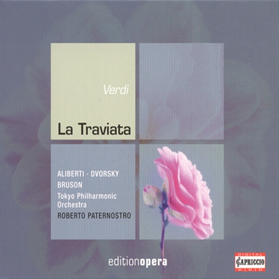 Обложка альбома «Verdi: La traviata» — Peter Dvorský, Renato Bruson, Lucia Aliberti, Tokyo Philharmonic Orchestra, Roberto Paternostro, Fumiko Mochiki, Yasuo Yanagisawa, Hiroyuko Okayama, Hirochi Mochiki, Akihito Shikano, Shigeru Sawa, Kazuhiko Ichikawa, Toshiro Ishii, Katruaki Fukui & Fujiwara Opera Chorus