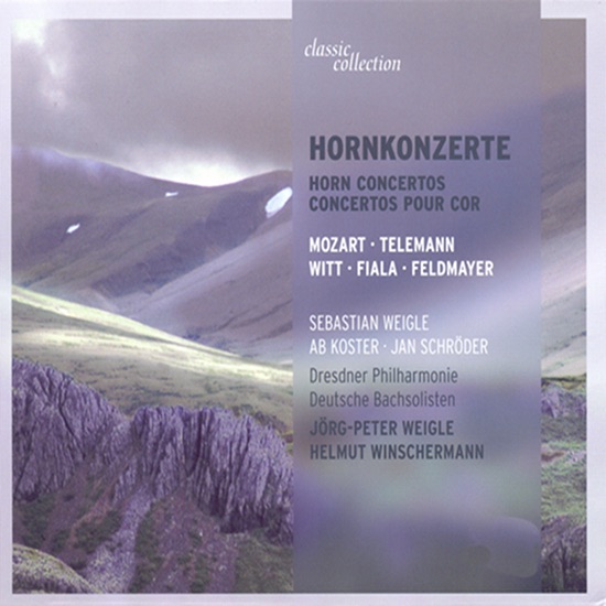 Обложка альбома «Mozart: Horn Concertos - K. 412, 417, 447, 495 - Telemann: Ouverture (Suite) in F Major - Fiala: Concerto for 2 Horns» — Sebastian Weigle, Dresden Philharmonic Orchestra, Jorg-Peter Weigle, Helmut Winschermann, German Bach Soloists, Ab Koster & Jan Schröder