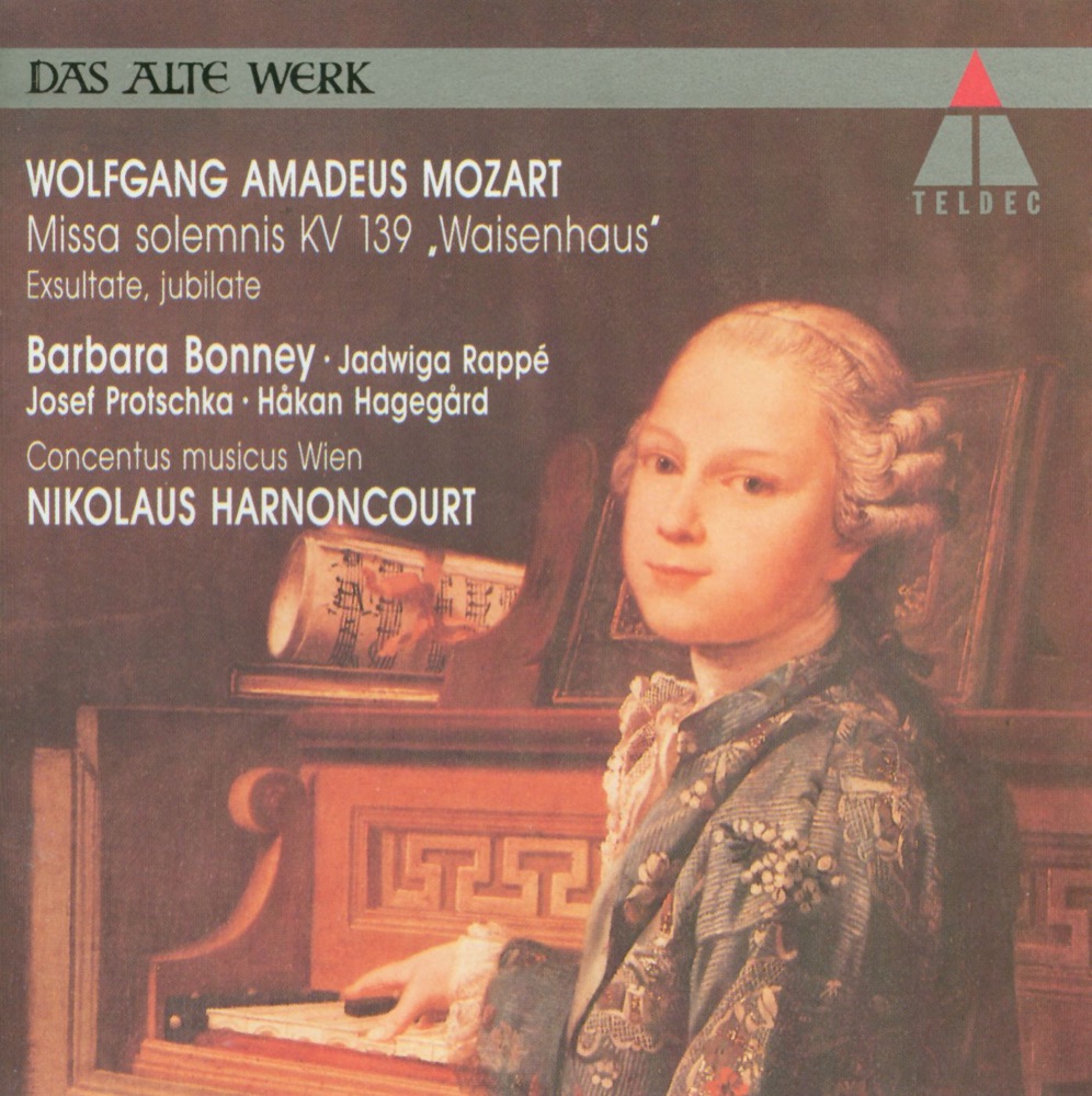 Обложка альбома «Mozart: Missa Solemnis K. 139 "Waisenhaus" - Exsultate Jubilate K. 165» — Arnold Schoenberg Choir, Barbara Bonney, Concentus Musicus Wien, Håkan Hagegård, Jadwiga Rappé, Josef Protschka & Nikolaus Harnoncourt