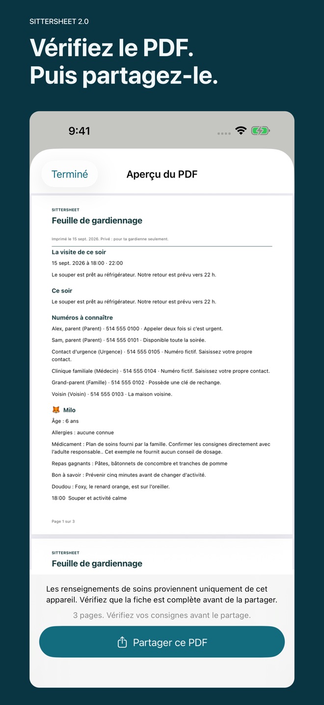 SitterSheet : fiche gardienne capture d’écran 2