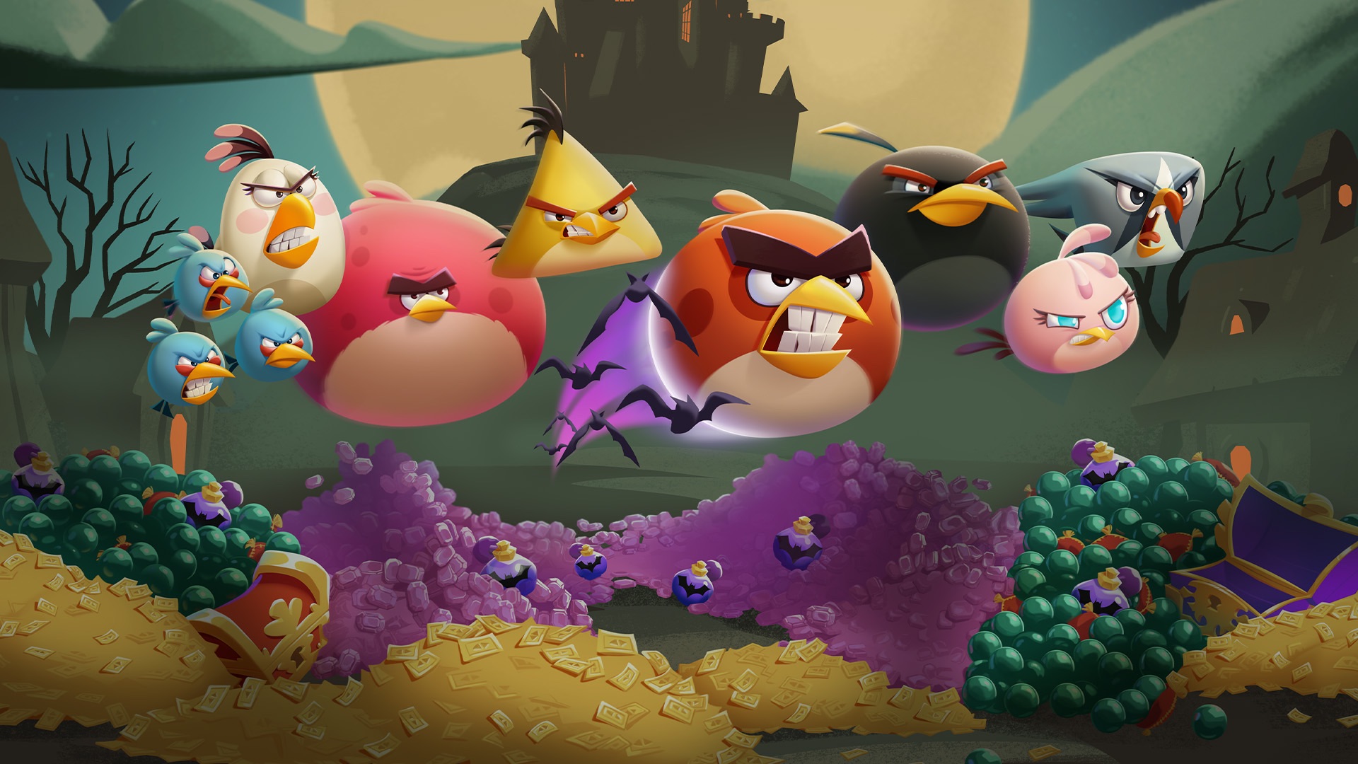 Angry Birds 2 flock dressed for a Halloween-themed seasonal event