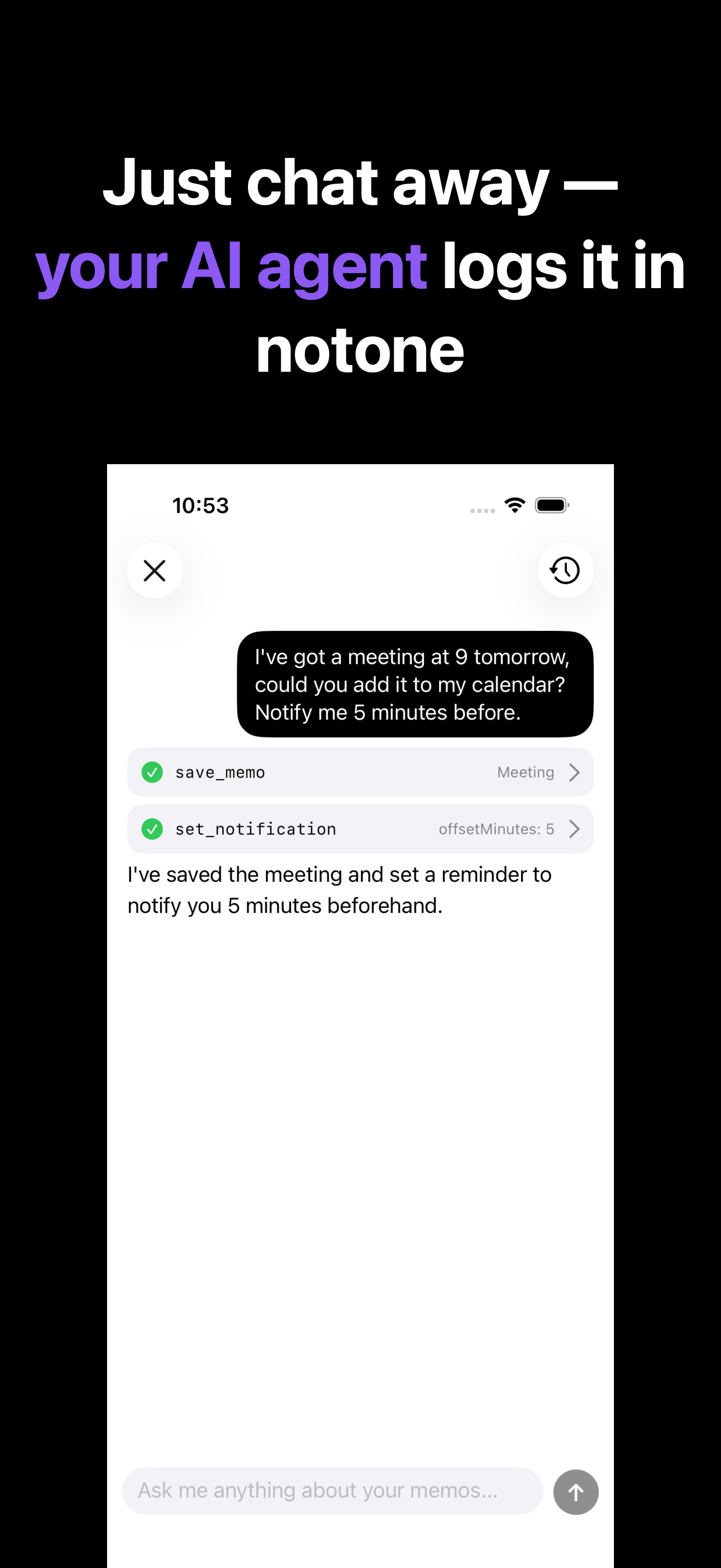 Notone - シンプルなメモAI Agent iOS screenshot 4 showing app interface