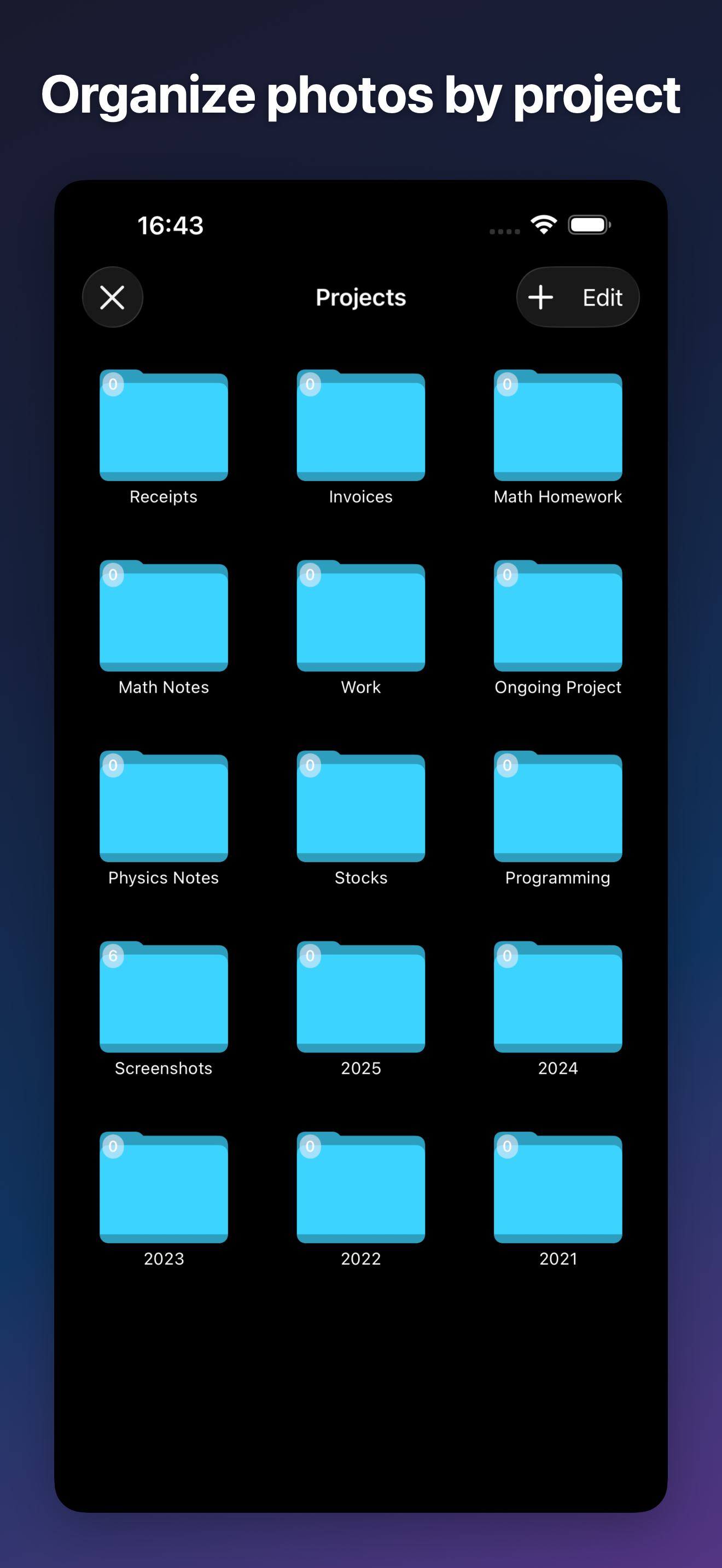 ProjectCam - Photo Folders iOS screenshot 2 showing app interface