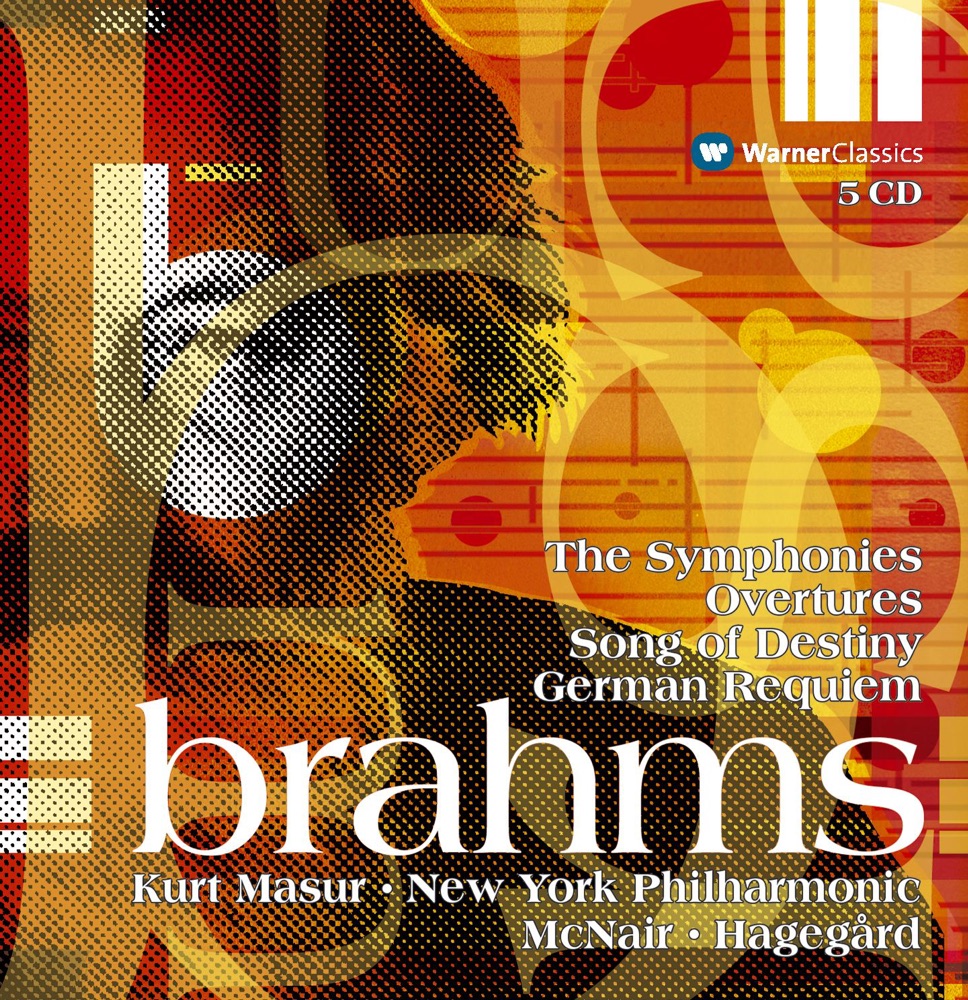 Обложка альбома «Brahms: Symphonies Nos. 1-4, Overtures, Ein deutsches Requiem» — Kurt Masur, New York Philharmonic, Håkan Hagegård & Sylvia McNair
