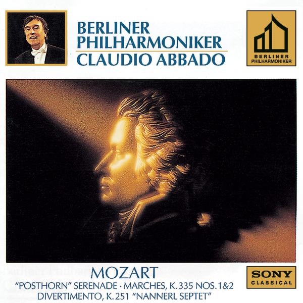 Обложка альбома «Mozart: Marches: K. 335, No. 1 & 2 - Serenade K. 320 - Divertimento K. 251» — Claudio Abbado, Wolfgang Dünschede, Andreas Blau, Konradin Groth, Hansjörg Schellenberger & Berlin Philharmonic