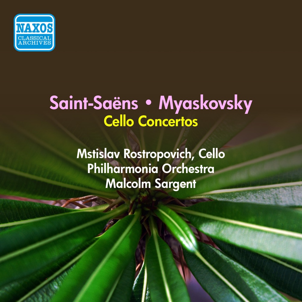 Обложка альбома «Saint-Saens, C.: Cello Concerto No. 1 - Myaskovsky, N.: Cello Concerto (Rostropovich) (1956)» — Mstislav Rostropovich, Sir Malcolm Sargent & Philharmonia Orchestra