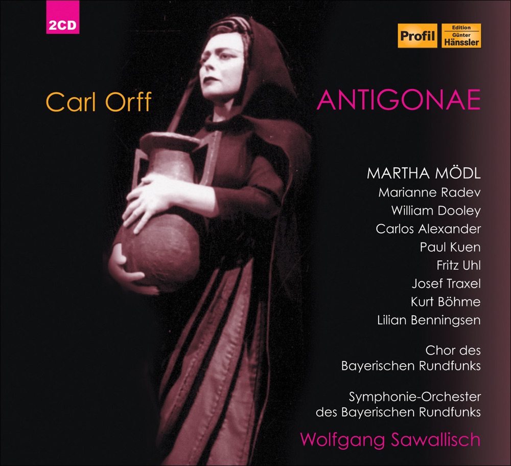 Обложка альбома «Orff, C.: Antigonae» — Martha Mödl, Fritz Uhl, Wolfgang Sawallisch, Paul Kuen, Bavarian Radio Symphony Orchestra, Kurt Böhme, Carlos Alexander, Bavarian Radio Chorus, Josef Traxel, Marianne Radev, William Dooley & Lilian Bennigsen