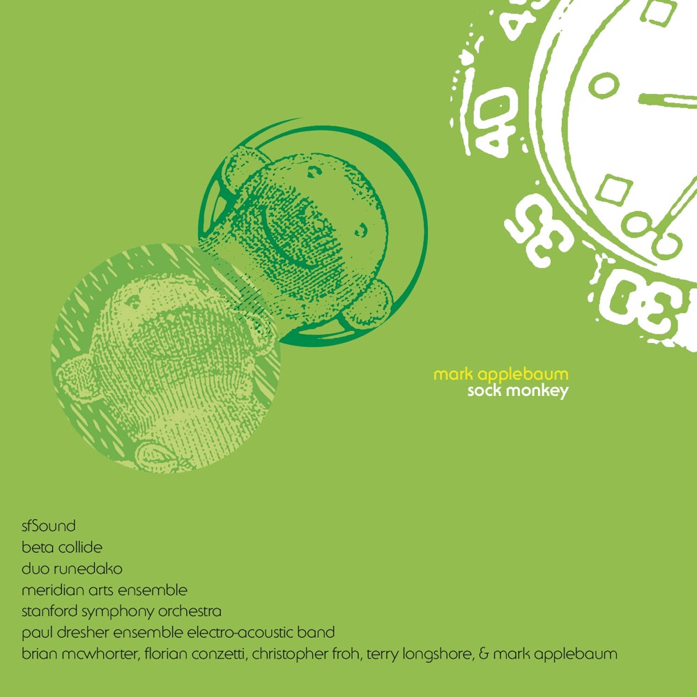Обложка альбома «Applebaum, M.: Sock Monkey» — Mark Applebaum, Meridian Arts Ensemble, Christopher Jones, sfSound, Terry Longshore, Florian Conzetti, Christopher Froh, Beta Collide, Brian McWhorter, Paul Dresher Electro-Acoustic Band, Duo Runedako, Jindong Cai & Stanford Symphony Orchestra