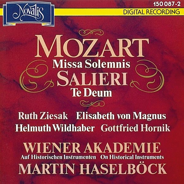 Обложка альбома «Mozart: Missa Solemnis, A. Salieri: Te Deum» — Wiener Akademie, Choralschola Der Wiener Hofburgkapelle, Martin Haselböck, Hugo Distler Chor, Ruth Ziesak, Elisabeth von Magnus, Helmuth Wildhaber & Gotfried Hornik