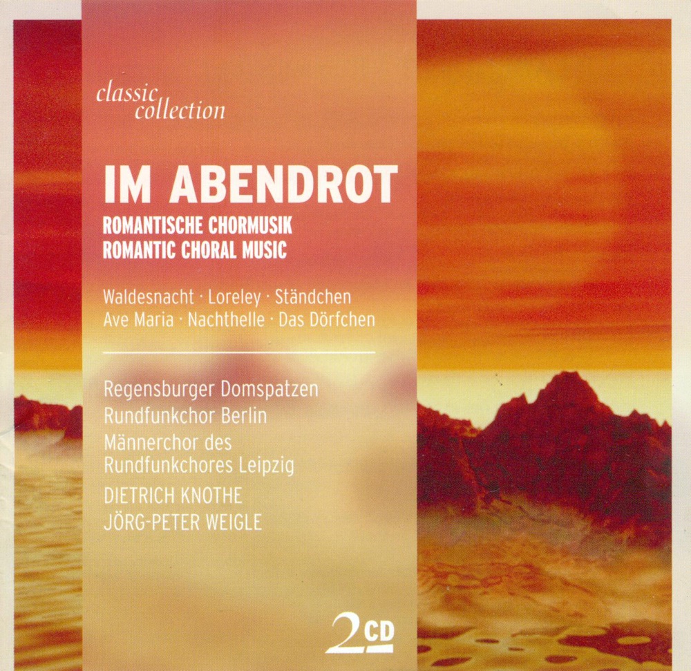 Обложка альбома «Choral Music - Bortniansky, D. - Schubert, F. - Mendelssohn, Felix - Silcher, F. - Grieg, E. - Brahms, J. - Abt, F.W. - Bruch, M.» — Jorg-Peter Weigle, Leipzig Radio Chorus, male section, Martin Flämig, Dresden Kreuzchor, Friedrich Krell, Wernigerode Radio Youth Choir, Dietrich Knothe, Bernd Casper, Astrid Pilzecker, Berlin Radio Chorus (male section), Roland Büchner, Regensburg Cathedral Choir, Gerhard Erber, Peter Habermann, Carl Maria von Weber Men's Choir, Berlin, Marcus Creed, Rundfunk-Sinfonieorchester Berlin, RIAS Kammerchor, Gerhard Meyer, Dieter Fokel, Michael Schoppe, Wolfgang Stah, Ekkehard Wagner, Kurt Wöss, Bratislava Philharmonic Chorus, Leipzig Thomaner Choir, Hans-Joachim Rotzsch, Berlin Radio Choir, members, West German Radio Chorus, Helmuth Froschauer, West German Radio Symphony Orchestra, Dorothe Jansen & Andreas Wiedermann
