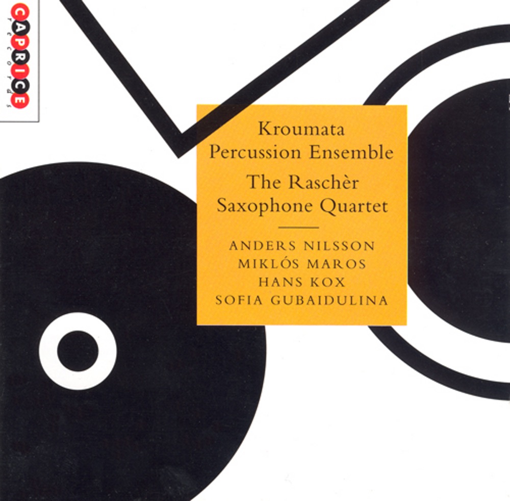 Обложка альбома «Nilsson: Krasch! - Maros: Picchiettato - Kox: The 3 Chairs - Gubaidulina: In Erwartung» — Rascher Saxophone Quartet, Kroumata Percussion Ensemble, Kenneth Coon, Bruce Weinberger & Harry Kinross White