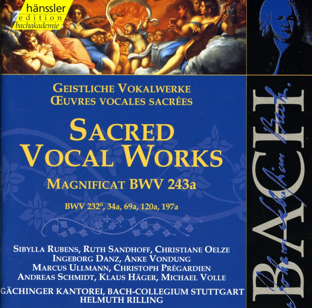 Обложка альбома «Bach, J.S.: Magnificat In E-Flat Major, Bwv 243A» — Sibylla Rubens, Ingeborg Danz, Marcus Ullmann, Klaus Häger, Ruth Sandhoff, Gächinger Kantorei Stuttgart, Helmuth Rilling, Stuttgart Bach Collegium, Christiane Oelze, Michael Volle, Christoph Prégardien, Anke Vondung & Andreas Schmidt