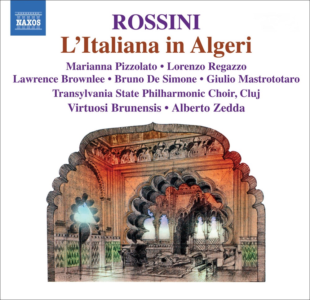 Обложка альбома «Rossini: L'Italiana in Algeri» — Marianna Pizzolato, Alberto Zedda, Lorenzo Regazzo, Lawrence Brownlee, Transylvania State Philharmonic Choir, Virtuosi Brunensis, Elsa Giannoulidou, Giulio Mastrototaro, Bruno De Simone & Ruth Gonzalez