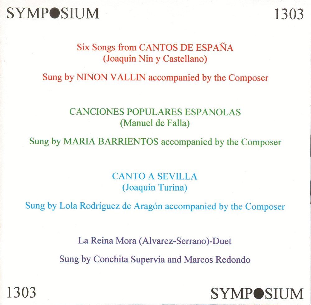 Обложка альбома «Songs of Spain (1928-1937)» — Ninon Vallin, Joaquín Nin, Maria Barrientos, Manuel de Falla, Joaquín Turina, Lola Rodriguez de Aragon, Marcos Redondo & Conchita Supervia