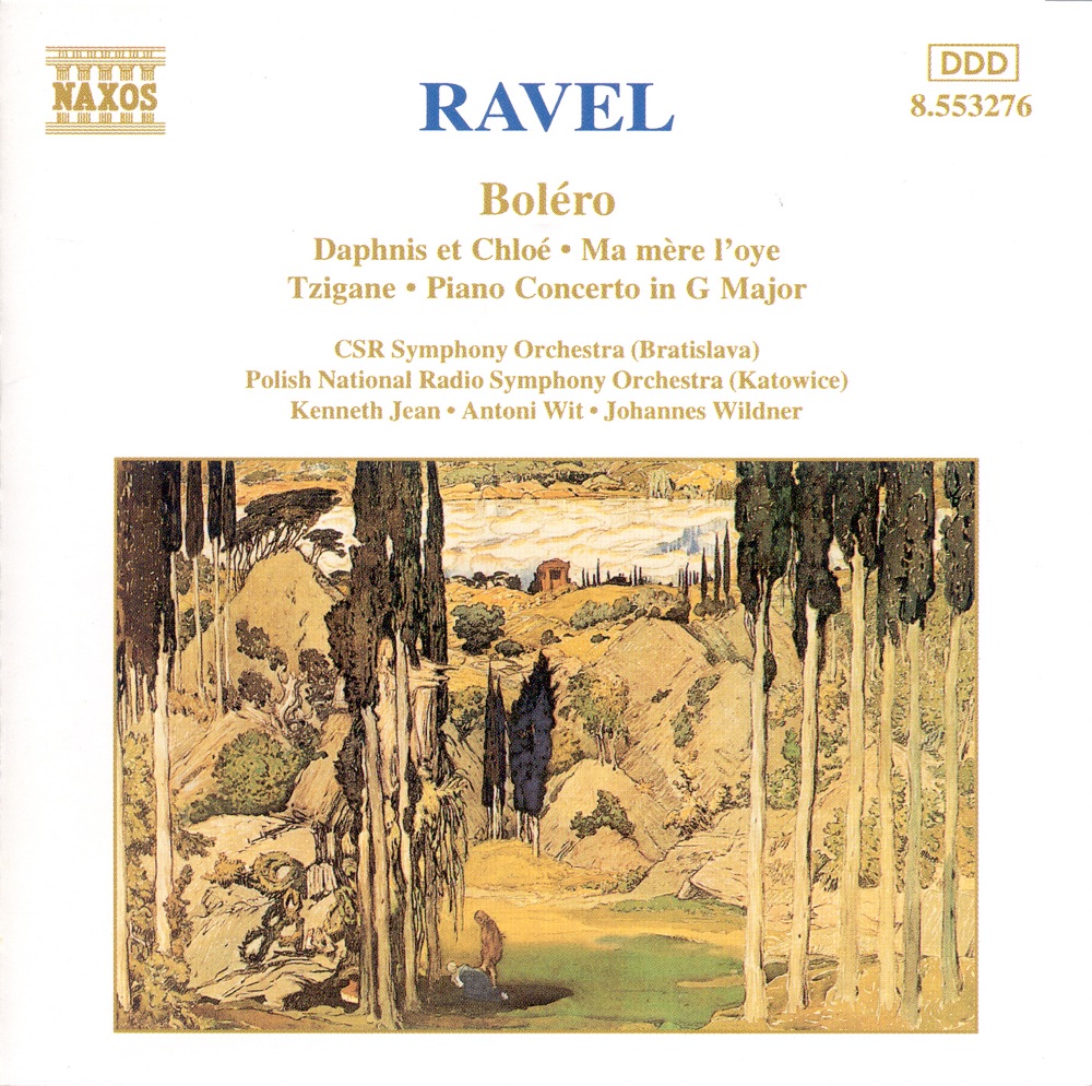 Обложка альбома «Ravel: Bolero - Daphnis et Chloe - Piano Concerto - Ma mère l'oye» — Slovak Philharmonic Chorus, Kenneth Jean, Slovak Radio Symphony Orchestra, Marat Bisengaliev, Johannes Wildner, Polish National Radio Symphony Orchestra, François-Joël Thiollier & Antoni Wit