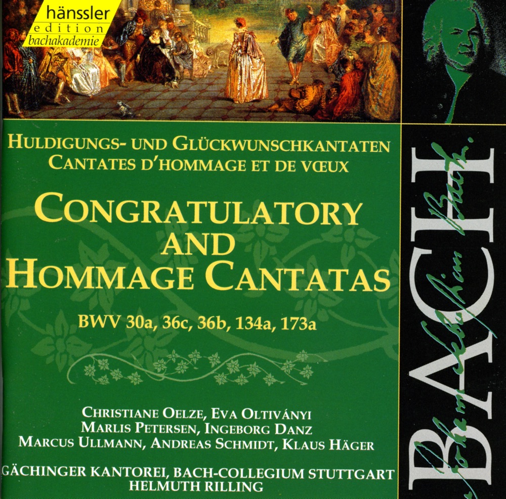 Обложка альбома «Bach, J.S.: Secular Cantatas, Bwv 30A, 36C, 36B, 134A, 173A» — Andreas Schmidt, Ingeborg Danz, Marcus Ullmann, Christiane Oelze, Gächinger Kantorei Stuttgart, Helmuth Rilling, Stuttgart Bach Collegium, Eva Oltivanyi, Marlis Petersen & Klaus Häger