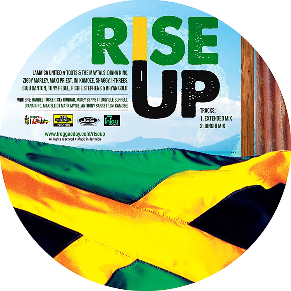 Обложка альбома «RISE UP - Jamaica United (Extended Mix) - Single» — Toots Hibbert, Ziggy Marley, Diana King, Buju Banton, Ini Kamoze, Maxi Priest, Shaggy, Tony Rebel, I-Three, Brian Gold, Handel Tucker, Lowell 'Sly' Dunbar & Mikey Bennett