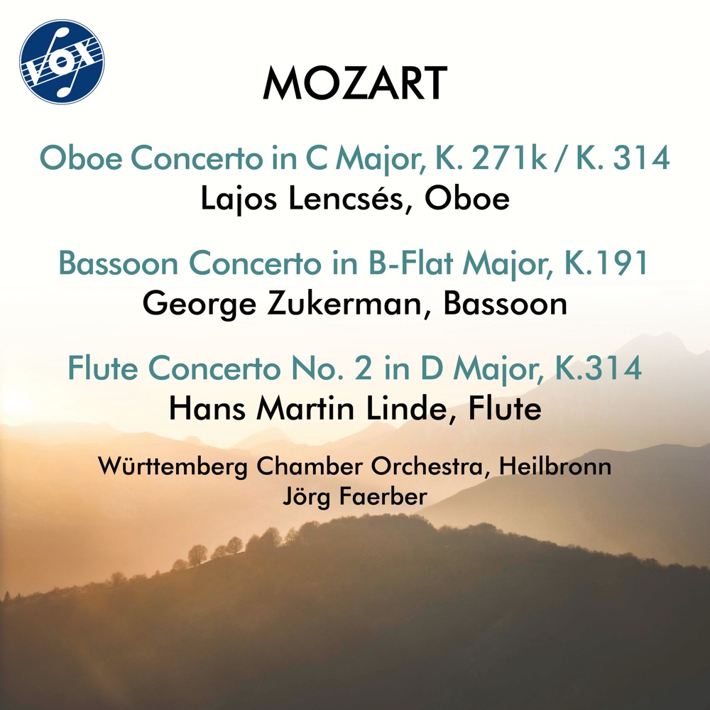 Обложка альбома «Mozart: Concertos» — Lajos Lencsés, George Zukerman, Hans-Martin Linde, Württemberg Chamber Orchestra Heilbronn & Jörg Faerber
