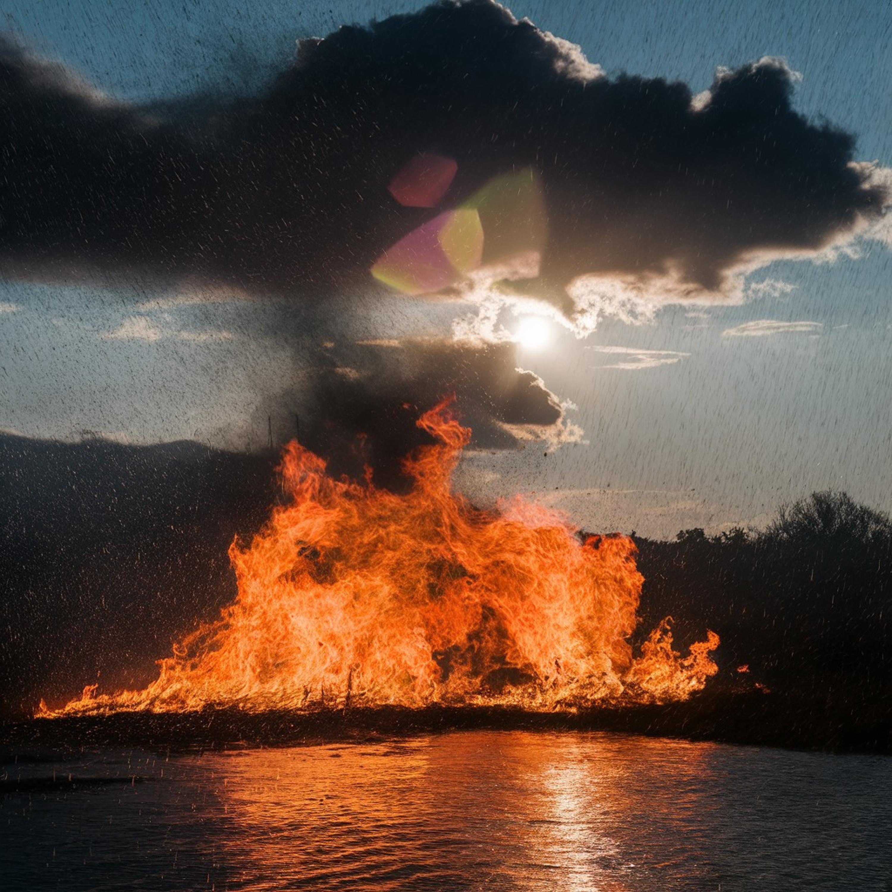 a fire in the rain.