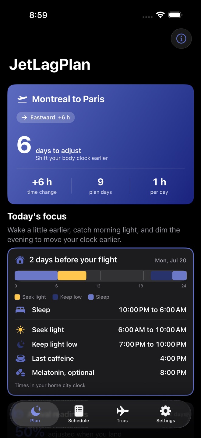 JetLagPlan: Beat Jet Lag screenshot 1