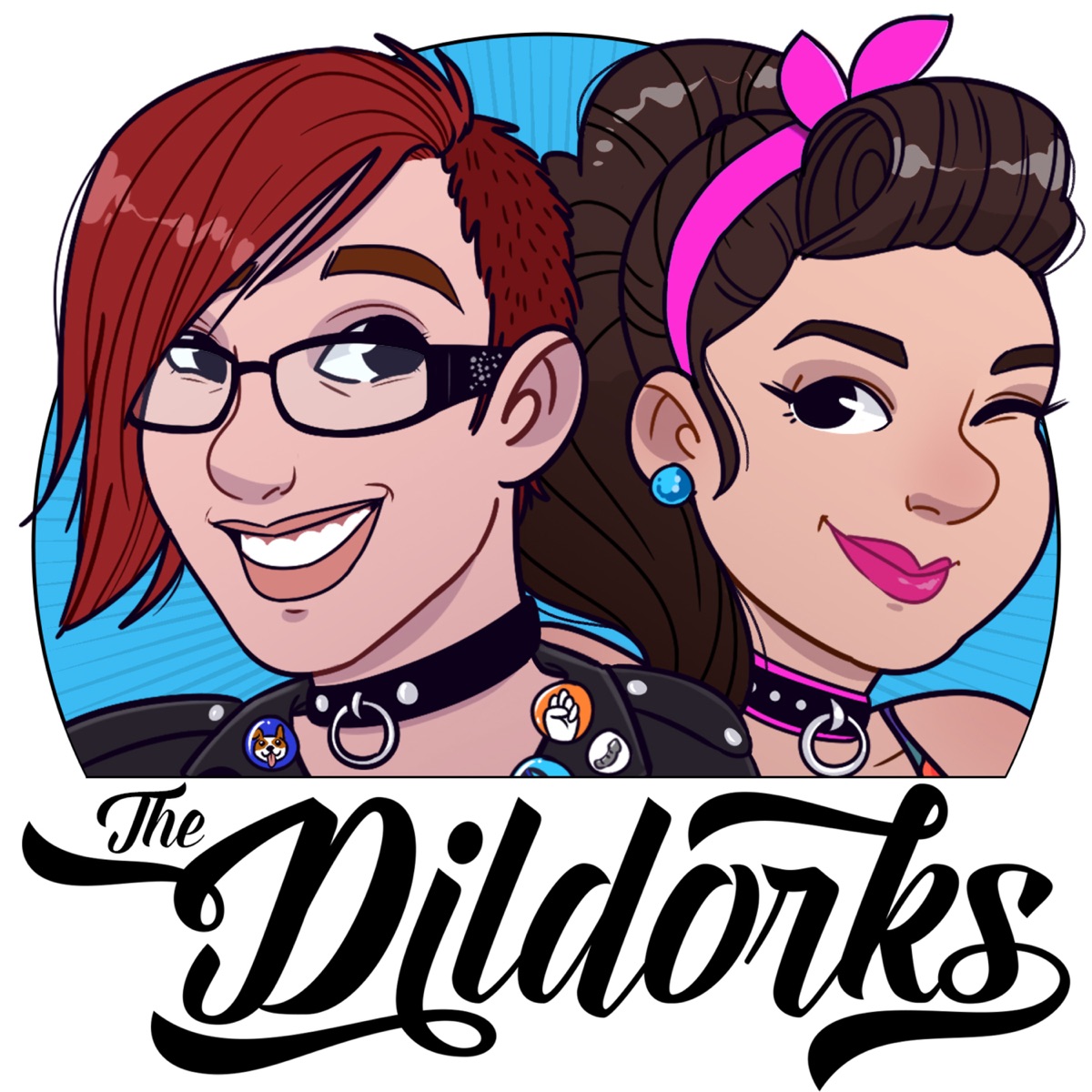 The Dildorks – Podcast – cover art, cartoon drawing of two queer people wearing sub collars and eccentric fashion
