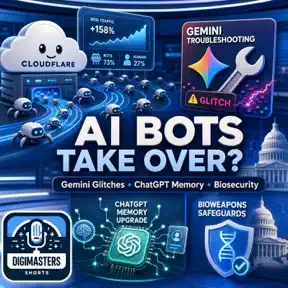 Cloudflare reveals AI bots dominate web traffic, Google glitches with Gemini Troubleshooting mode, OpenAI upgrades ChatGPT memory, AI CEOs demand Congress tighten bioweapons safeguards artwork