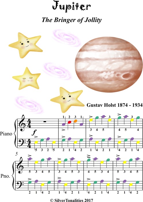 Jupiter the Bringer of Jollity Easy Piano Sheet Music with Colored Notes