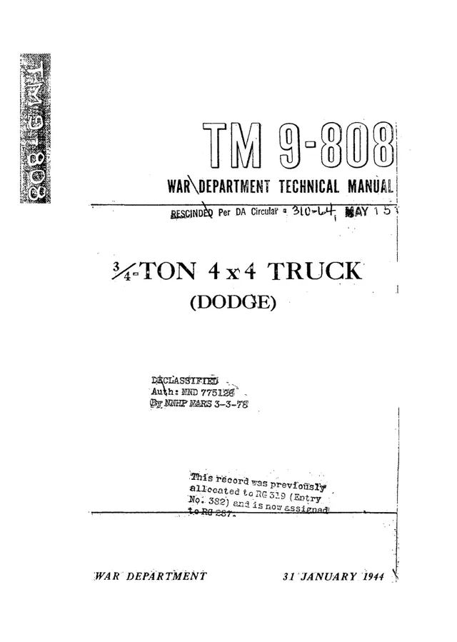 3/4 Ton 4x4 Truck (Dodge) - TM 9-808 War Department Technical Manual