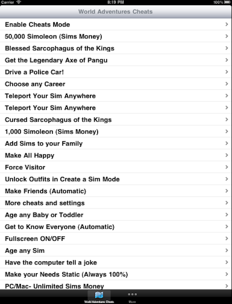 Cheats for Sims 3 World Adventures screenshot 6