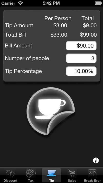 Percentages 5 in 1: Tax, Tip, Discount, Margin and Break Even Point Calculator