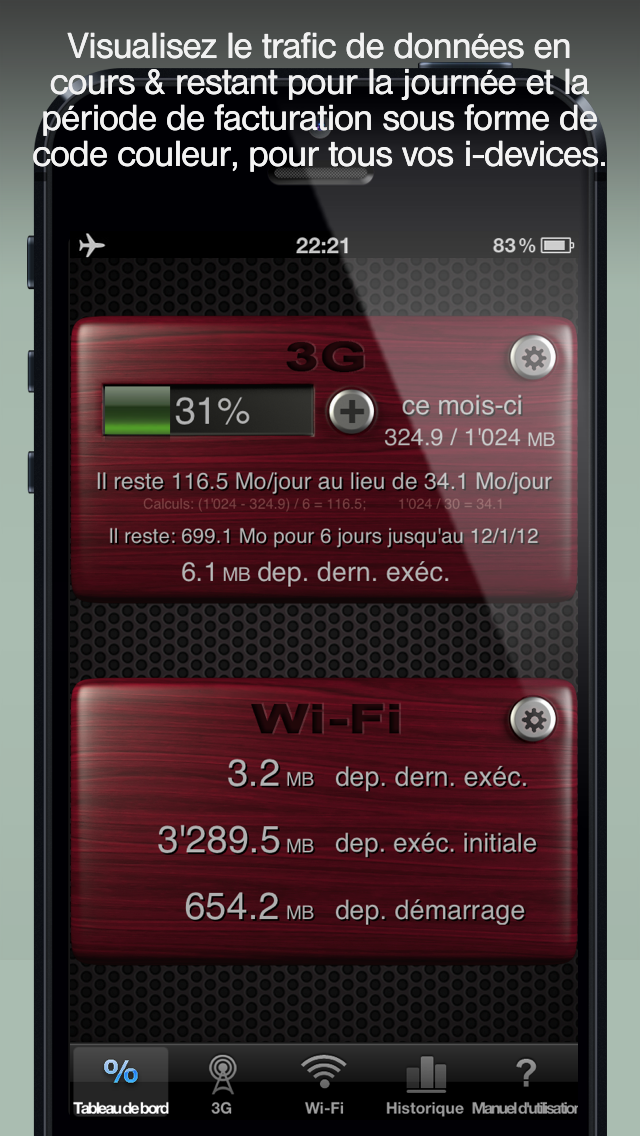 Screenshot #1 pour Compteur de trafic (Download Meter) pour 3G/ 4G/  LTE/ EDGE/ Wi-FI – réduisez vos dépenses en Internet mobile