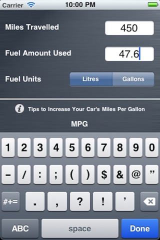 Fuel efficiency calculator screenshot 2