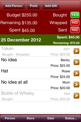 Gifts List - Keep track of lists of presents, what store to buy in, by what date and for which person screenshot 3