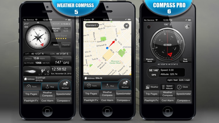 GPS Dragon 6 in 1 (1.Trip Pages, 2.Speedometer +, 3.Alarm Clock, 4.Compass, Flashlight, Speedometer, Altimeter, Course, 5.Weather Compass, 6.Compass Pro) screenshot-3