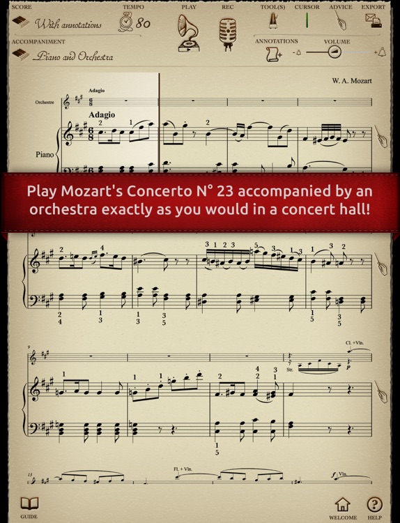 Play Mozart – Piano Concerto n° 23 (interactive piano sheet music)