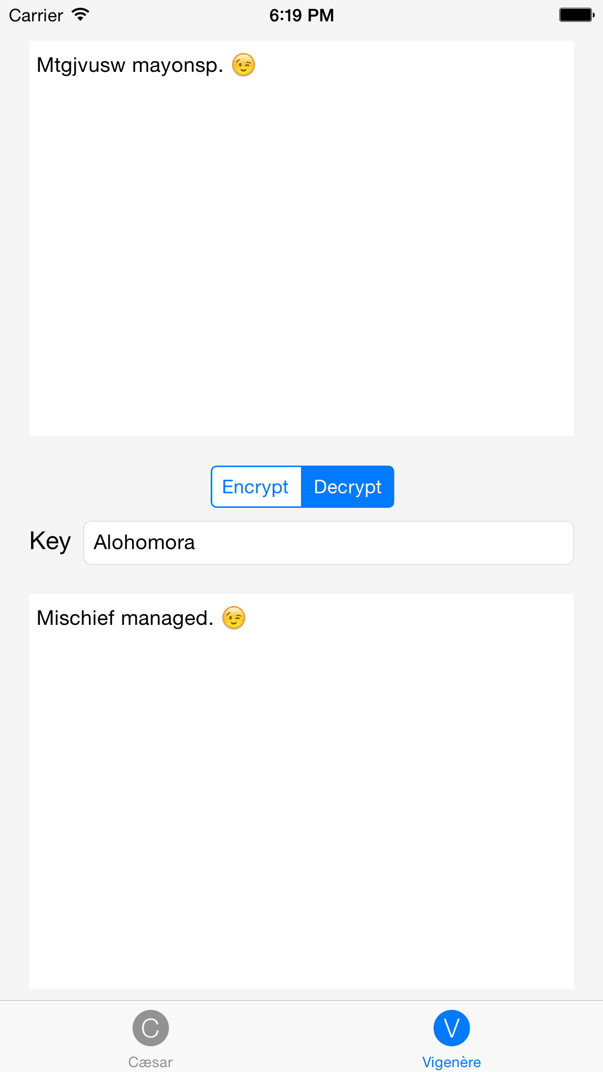 Crypto: Cæsar and Vigenère ciphers screenshot 3