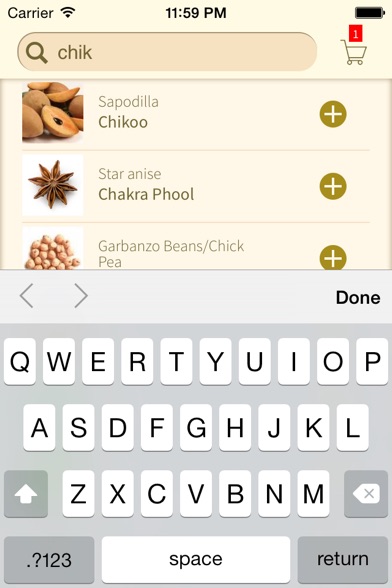Screenshot of DesiGro - Indian Grocery names in multiple languages. Convert, translate, share and create desi shopping lists