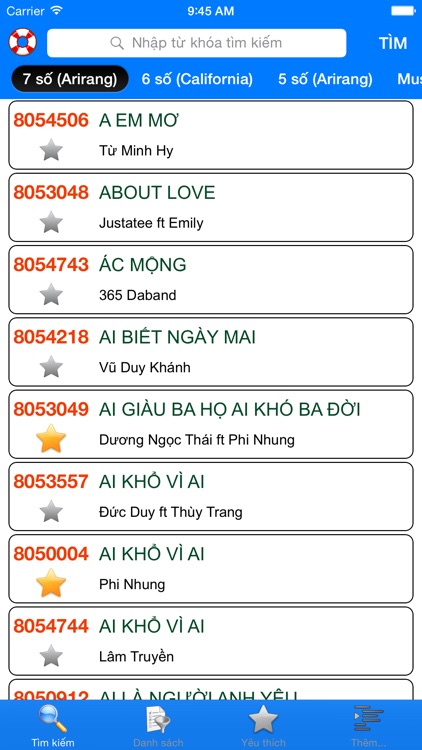 VNKaraoke Pro - Tra cứu mã số karaoke 7, 6, 5 số Arirang, MusicCore, ViTek, Sơn Ca, Việt KTV