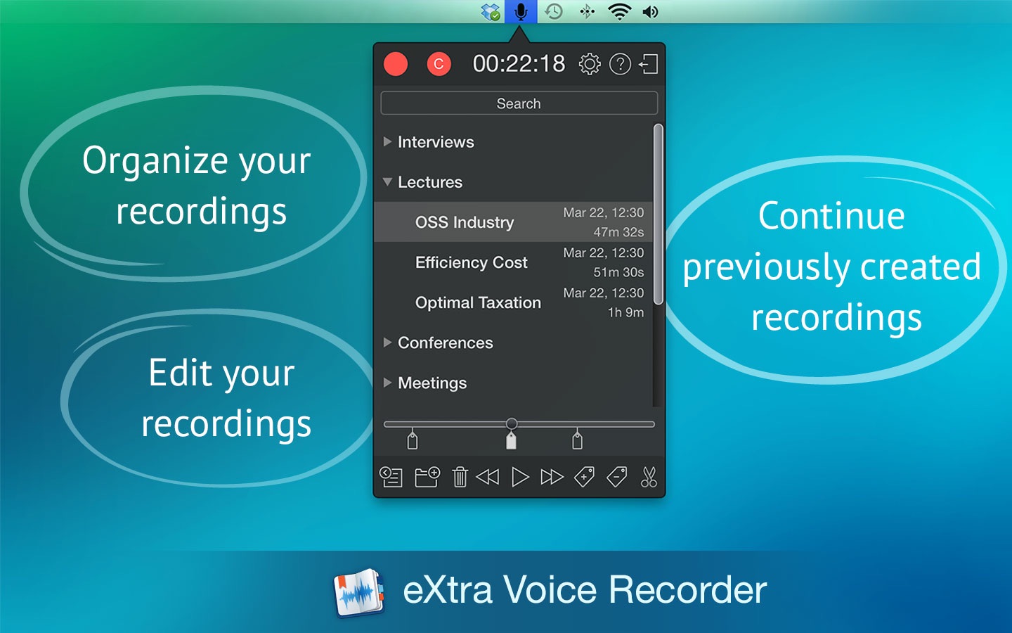 Screenshot do app eXtra Voice Recorder Pro.