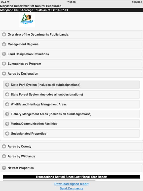 Maryland DNR Acreage Report