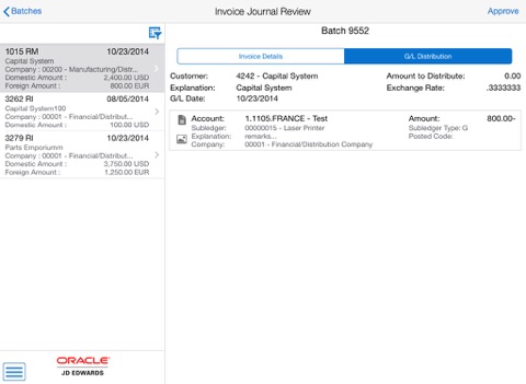 Скриншот из Invoice Batch Approvals Tablet for JDE E1