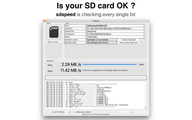 Screenshot #1 pour sdspeed check SD card photo